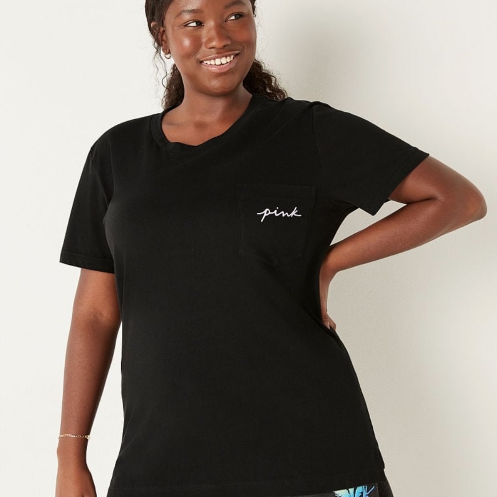 VS VICTORIAS SECRET PINK CAMPUS SHORT SLEEVE TEE TOP PURE BLACK PALM SHINE XS - Picture 2 of 8